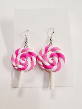 Pink & White Swirl Lollipop Dangle Earrings